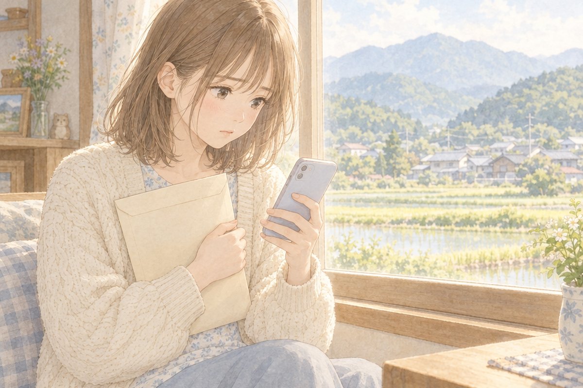 田園が見える実家の窓辺で、大学からの封筒を抱えてスマホを見る女性