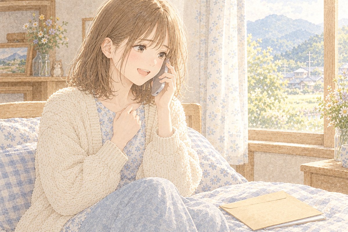 実家のベッドで、電話をしながら表情が明るくなる女性