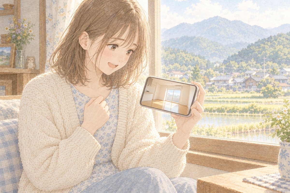 スマホのビデオ通話で、明るい空き部屋を見てほほえむ女性