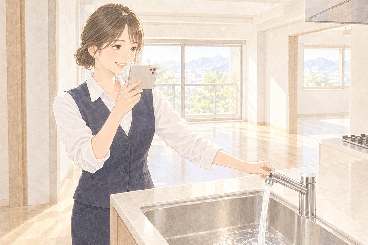 空き部屋でスマホを構えながら、キッチンの蛇口から水を出して見せるスタッフ
