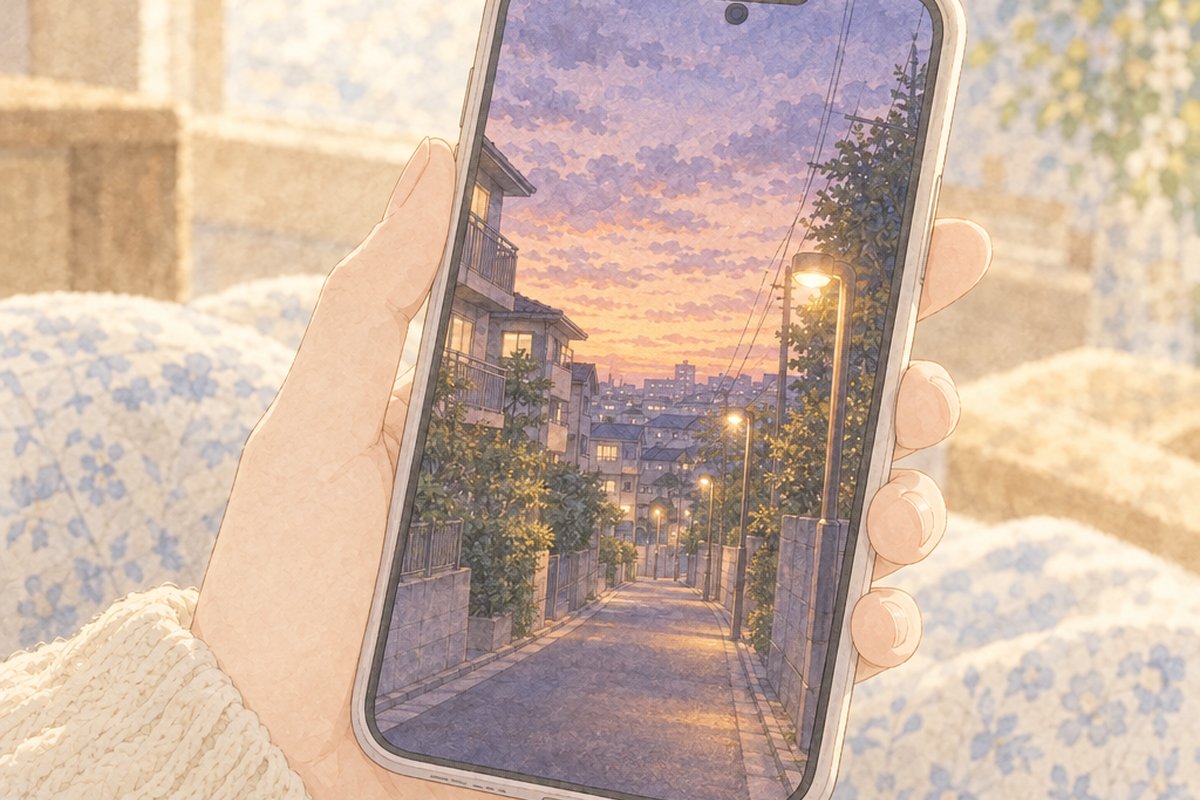 スマホの画面に映る、街灯がともる夕方の住宅街の道