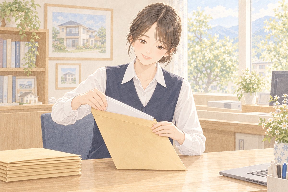 店の机で、契約書類を封筒に入れて封をするスタッフ