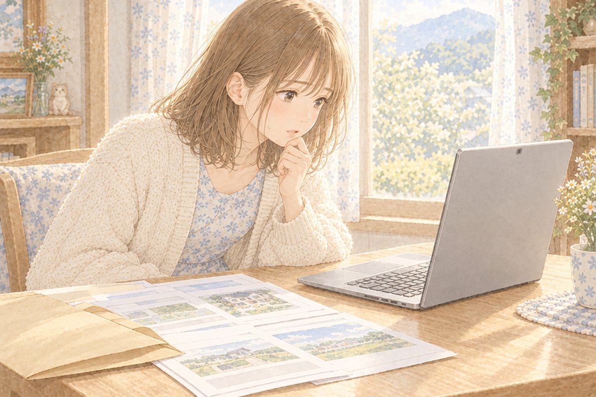 届いた封筒から書類を広げ、ノートパソコンのカメラを確かめる女性