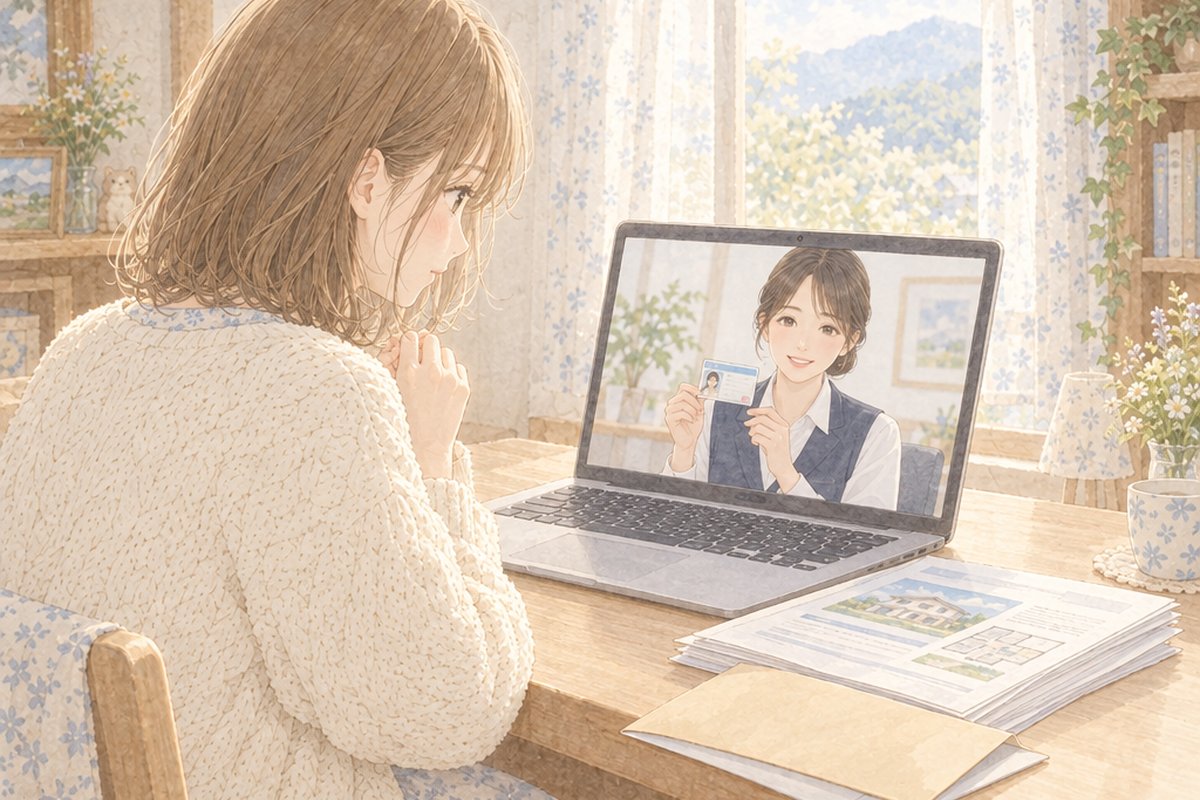ノートパソコンのビデオ通話で、画面のスタッフが取引士証を見せている。机の上に契約書類