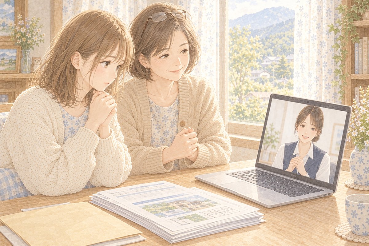 ノートパソコンの前に並んで座り、ビデオ通話を聞く娘と母親