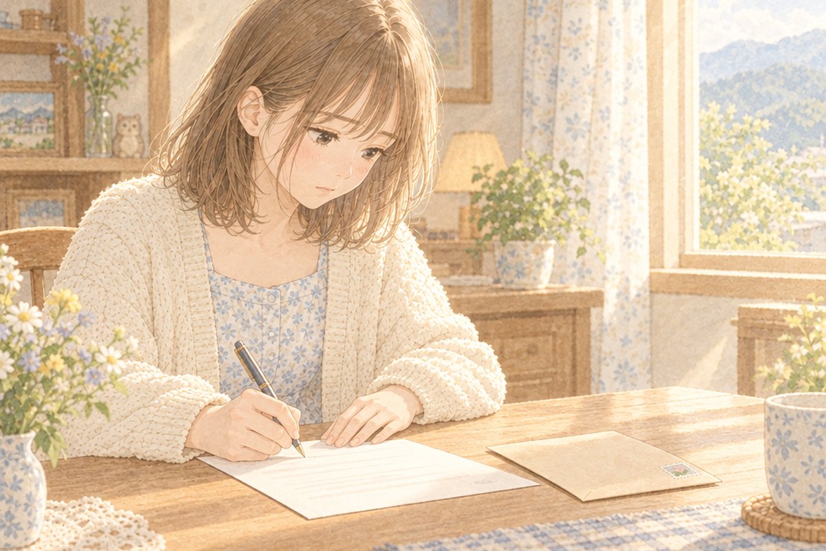 食卓で契約書に署名し、返送用の封筒を用意した女性