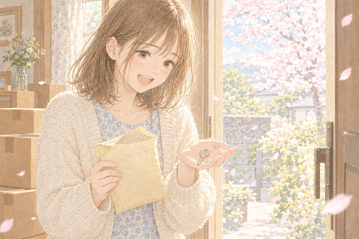 実家の玄関で、郵便で届いた封筒から鍵を取り出して喜ぶ女性