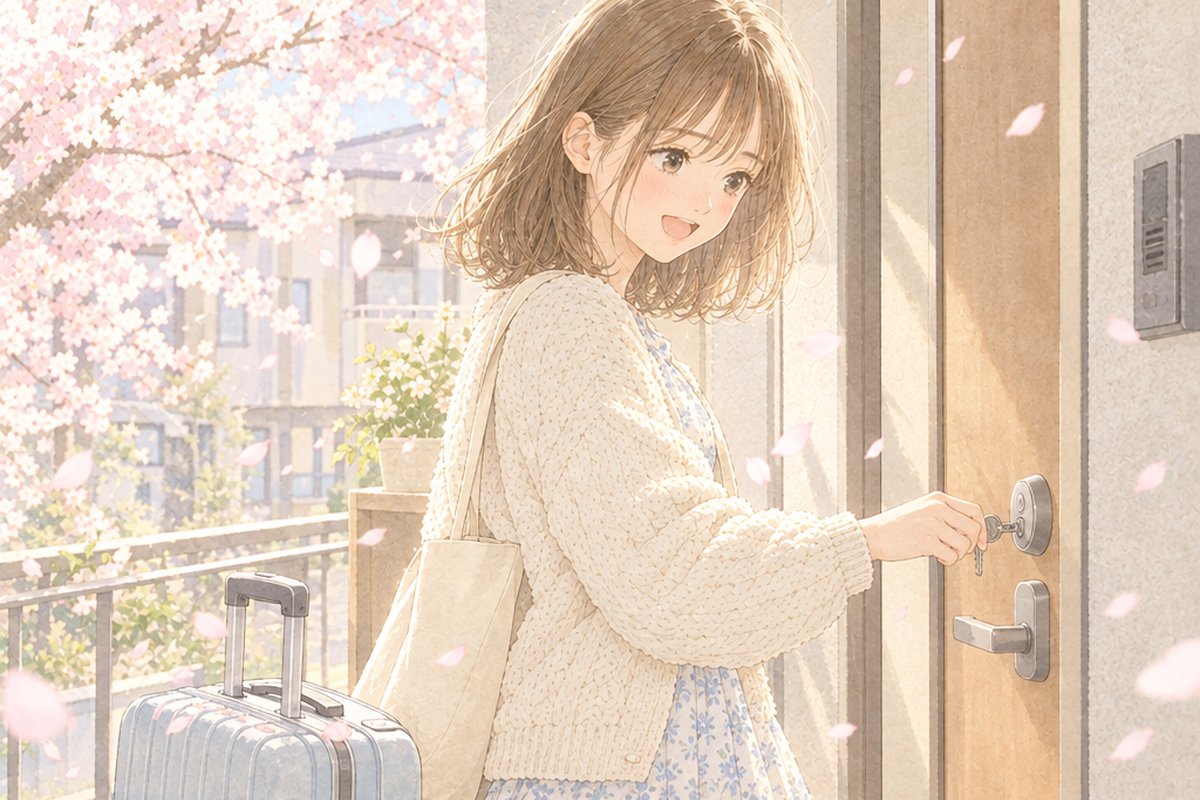 桜の咲く春、スーツケースを横に、アパートの扉の鍵を開ける女性