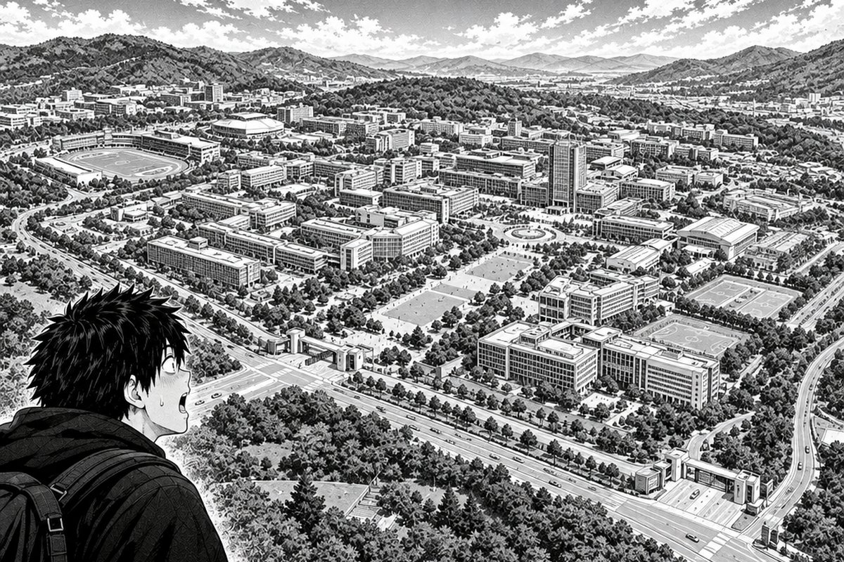 丘に広がる巨大な大学キャンパスを見上げて圧倒される学生