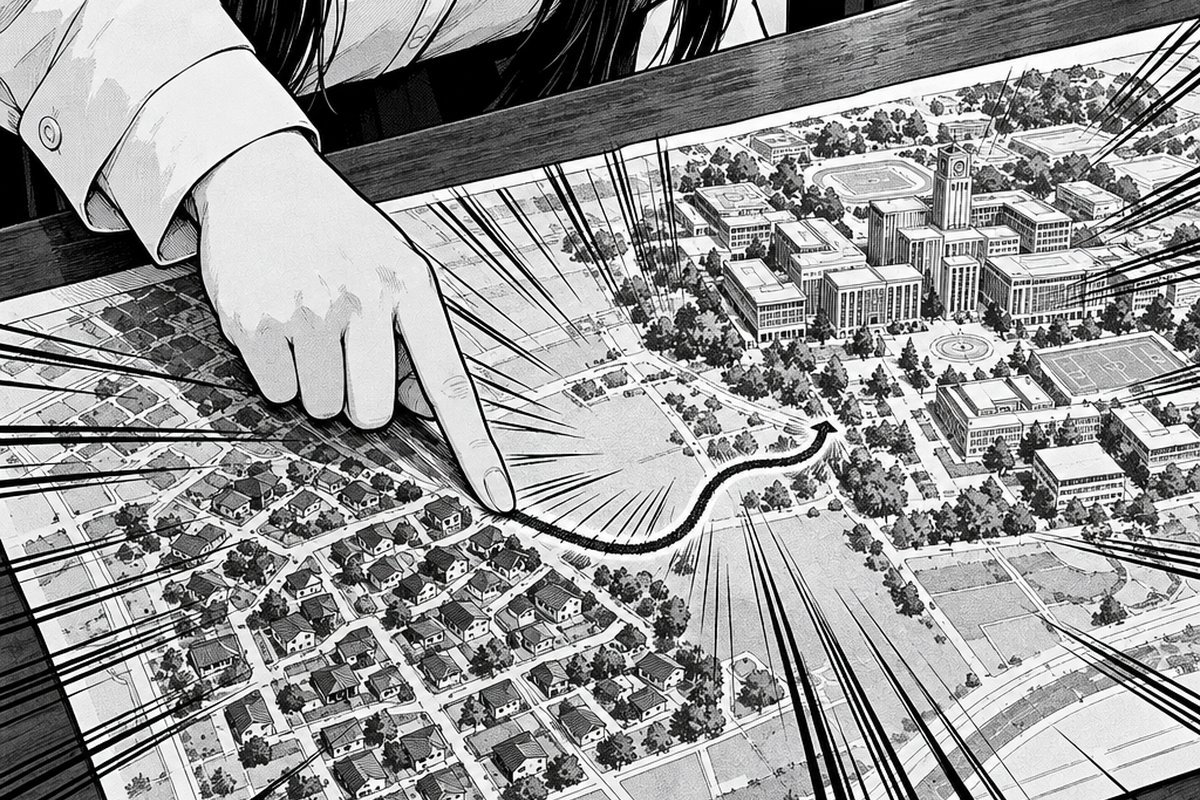 地図の上で、住宅地から大学までの短い道のりを指でなぞる