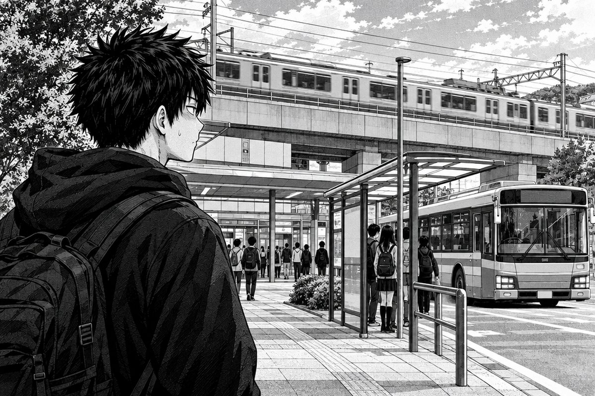 駅前で、電車とバスを見比べる学生