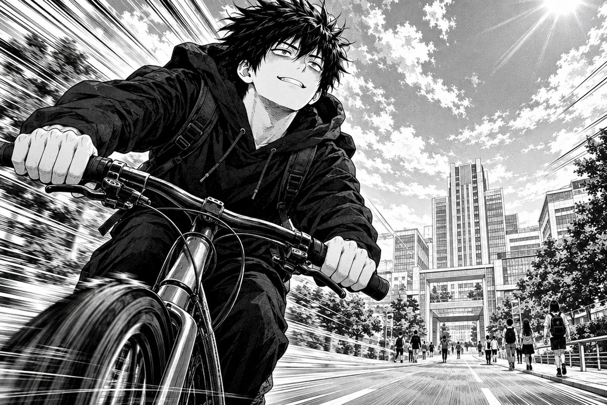 晴れた郊外の道を、自転車でキャンパスへ走る学生