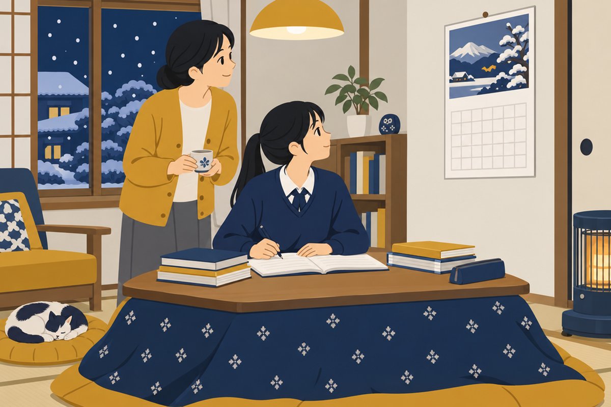 冬の夜、受験勉強をする娘にお茶を運ぶ母親。二人で壁のカレンダーを見る