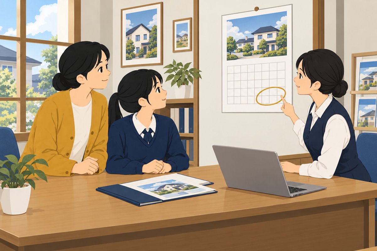 不動産店で、月末の日付に丸を付けたカレンダーを指すスタッフと、話を聞く母娘