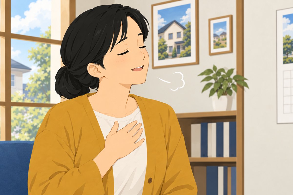 胸に手を当てて、ほっとした表情の母親