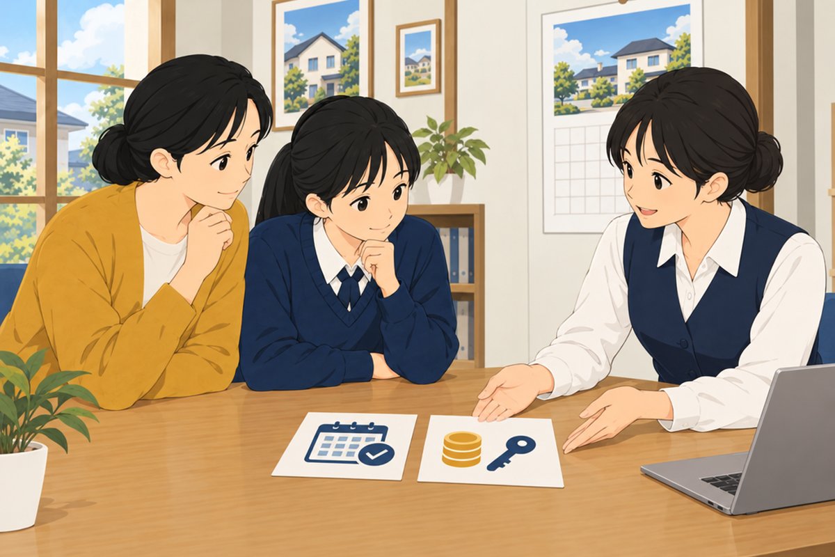 カウンターに並べた 2 枚のカードを見比べる母娘