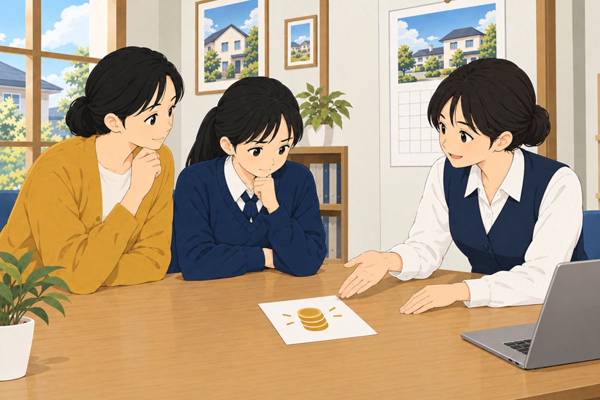 腕を組んで考え込む娘と、やさしく説明するスタッフ