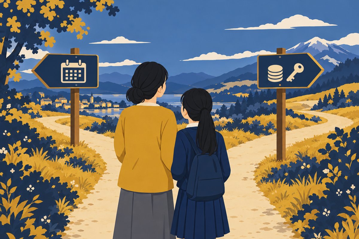 二股に分かれた道の前で、カレンダーの標識とコインと鍵の標識を見比べる母娘