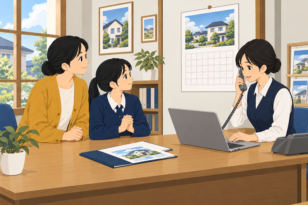 電話をしながらパソコンで調べるスタッフと、期待して待つ母娘