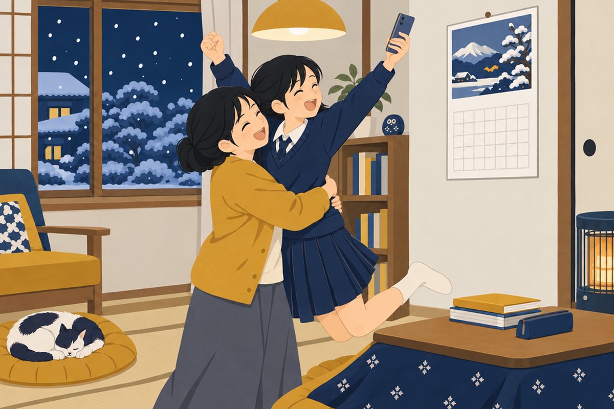 スマホの画面を見て、両手を上げて喜ぶ娘と、抱きしめる母親