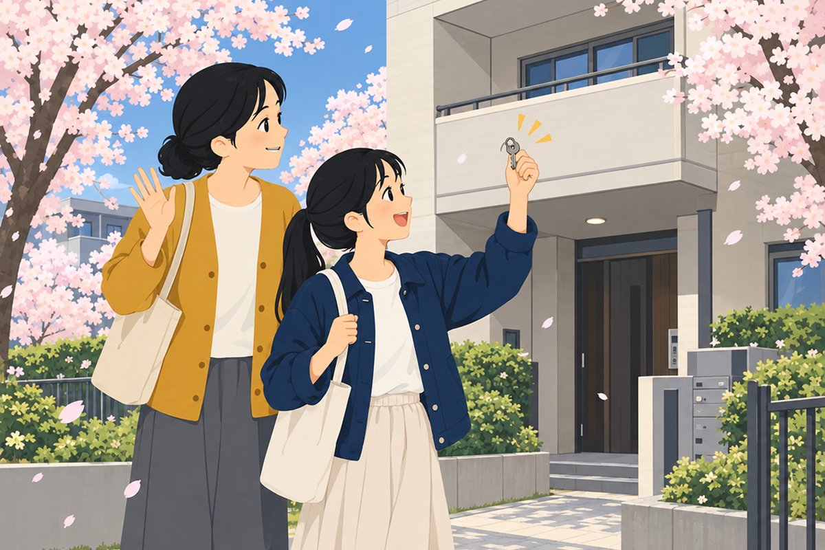 桜の咲くアパートの前で、鍵を掲げる娘と手を振る母親