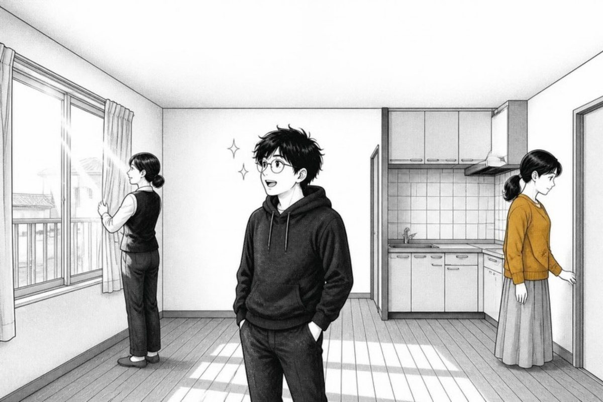 空室の部屋を内覧する三人