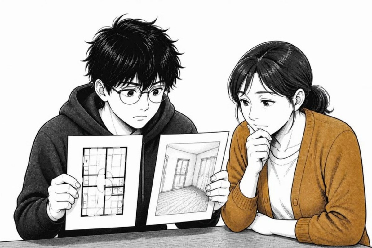 写真と間取り図を見比べる学生