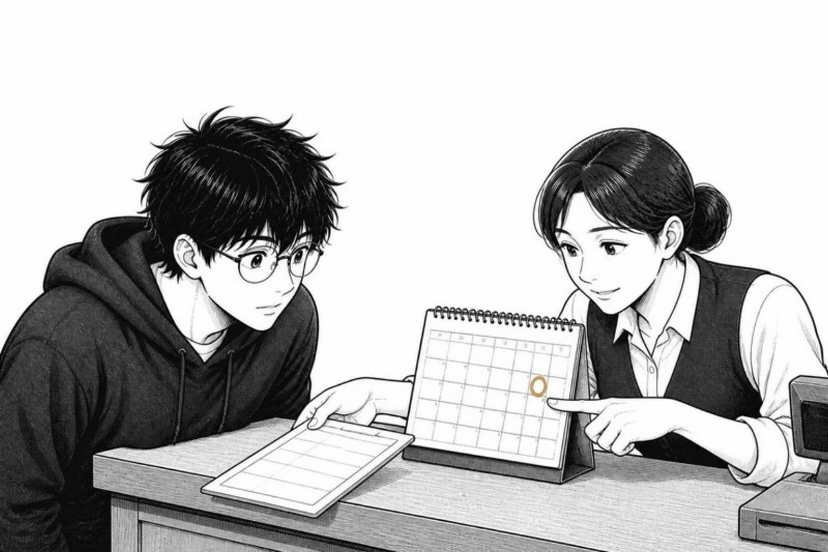 申込書とカレンダーの 1 か月後を指すスタッフ