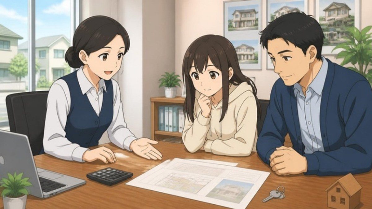 不動産会社のスタッフが親子に費用の見積もりを説明しているイラスト