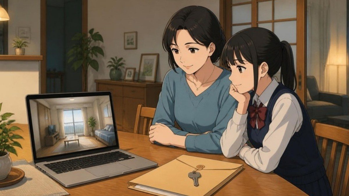 ノートパソコンの画面越しにお部屋を見ている親子のイラスト
