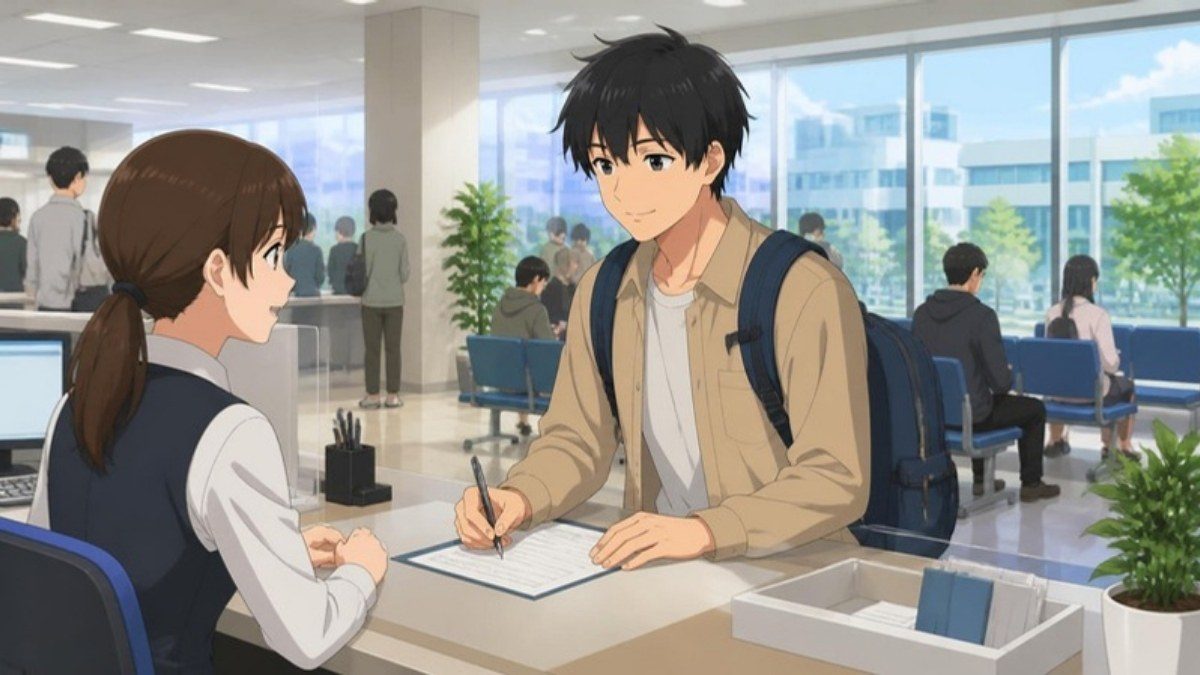 市役所の窓口で転入の手続きをしている学生のイラスト